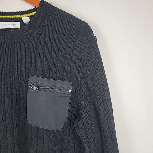 Calvin Klein Sweater Mens Large Slim Fit Black Wool Blend Ribbed Commando Crew - Picture 6 of 12